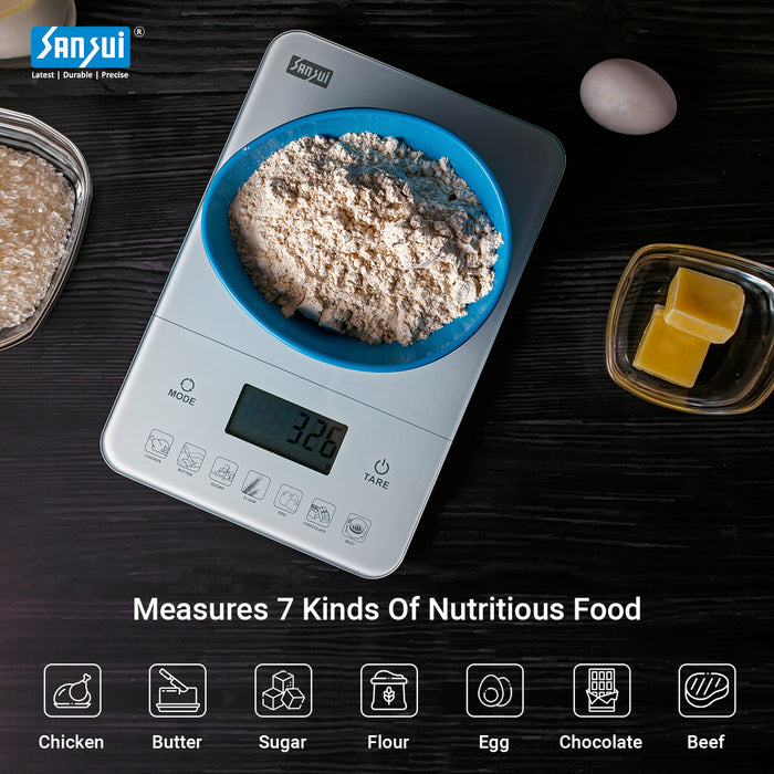 Sansui Electronics Digital Kitchen Scale, Measures 7 Nutritions (10 kg, White)
