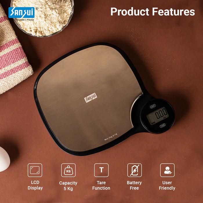 Sansui Digital Kitchen Scale | Battery Free - Rotating Knob - (5 Kg, Stainless Steel)