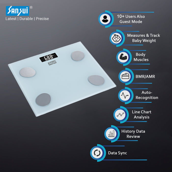 Sansui Smart Body Fat Analyser | Bluetooth Enabled with Smart App (150Kg, White)