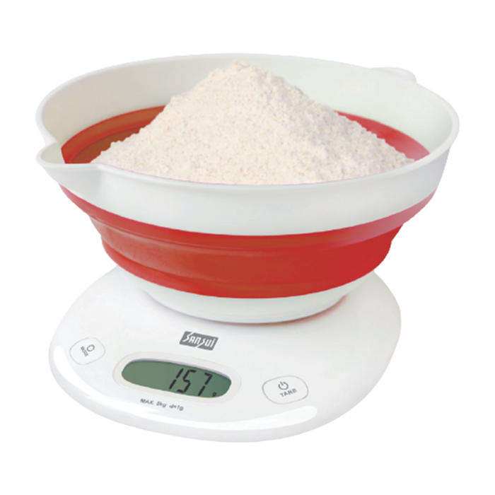 Sansui Digital Kitchen Scale with Large Foldable Bowl (5 kg, White-Red)