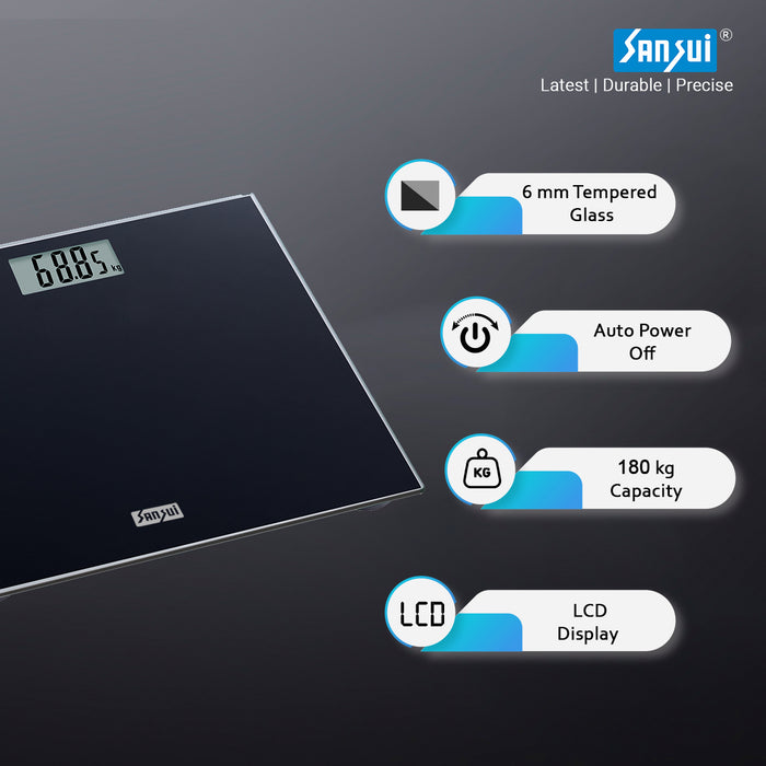 Sansui Personal Weighing Scale, Bathroom Weight Machine with Large LCD Display (180 kg, Black)