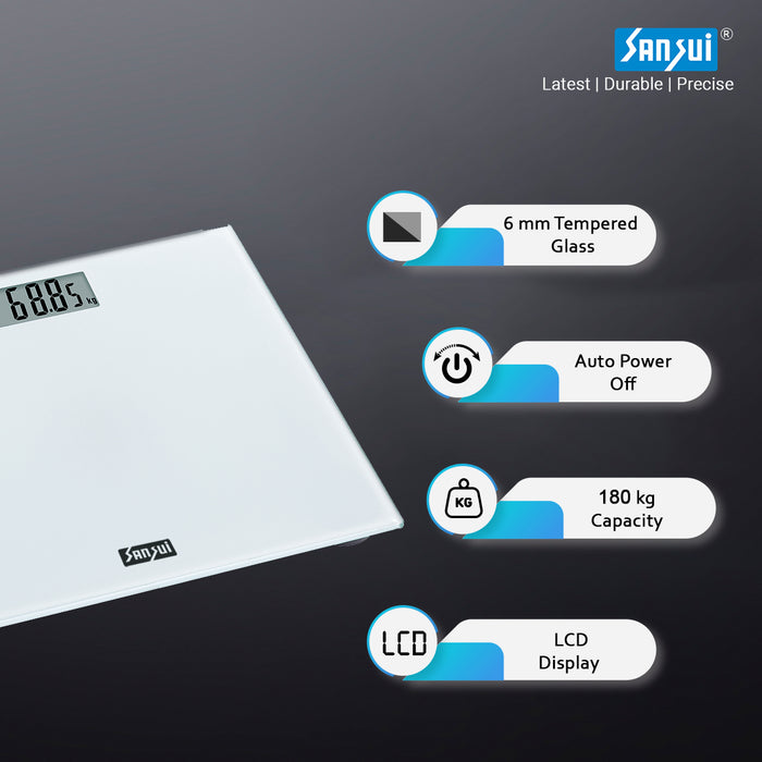 Sansui Personal Weighing Scale, Bathroom Weight Machine with Large LCD Display (180 kg, White)