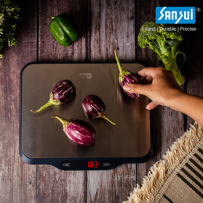Sansui Electronics Digital Stainless Steel Kitchen Scale, Red LED Display (15 kg, Grey)