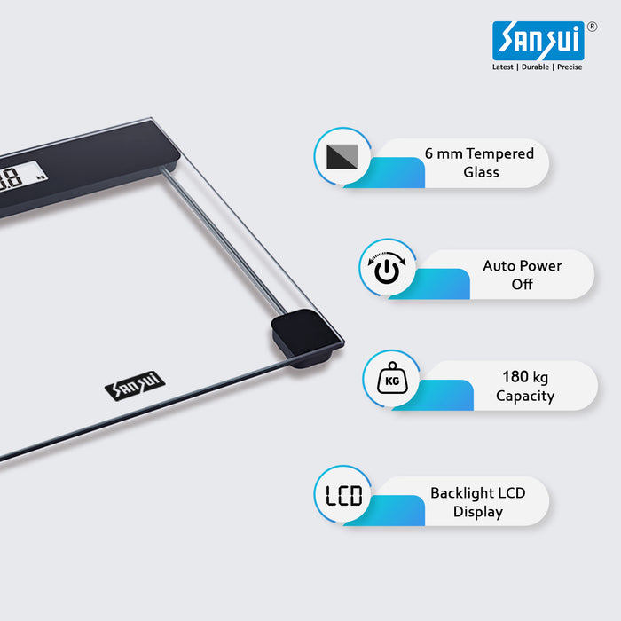 Sansui Personal Weighing Scale, Bathroom Weight Machine with Backlight LCD Display (180 kg, Transparent)