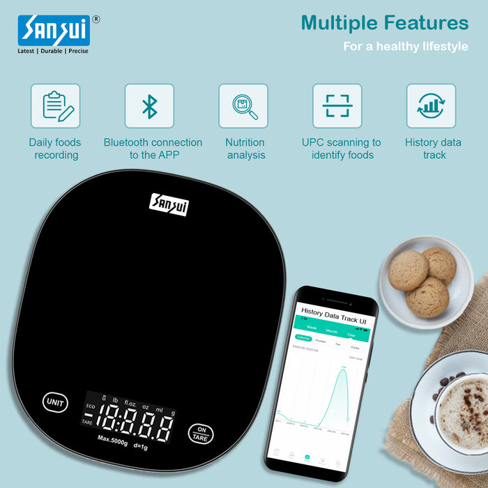 Sansui Smart Kitchen Scale | Bluetooth Enabled with Smart App (5 kg, Black)