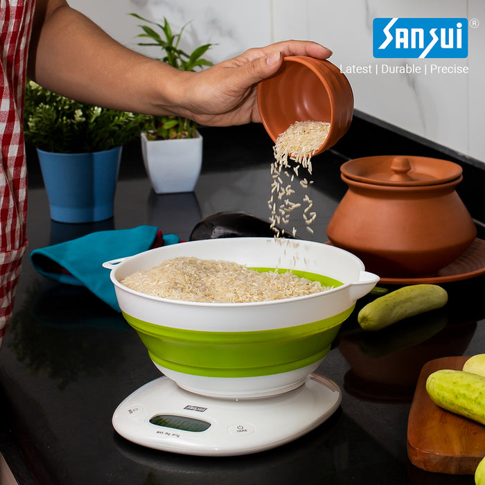 Sansui Digital Kitchen Scale with Large Foldable Bowl (5 kg, White-Green)