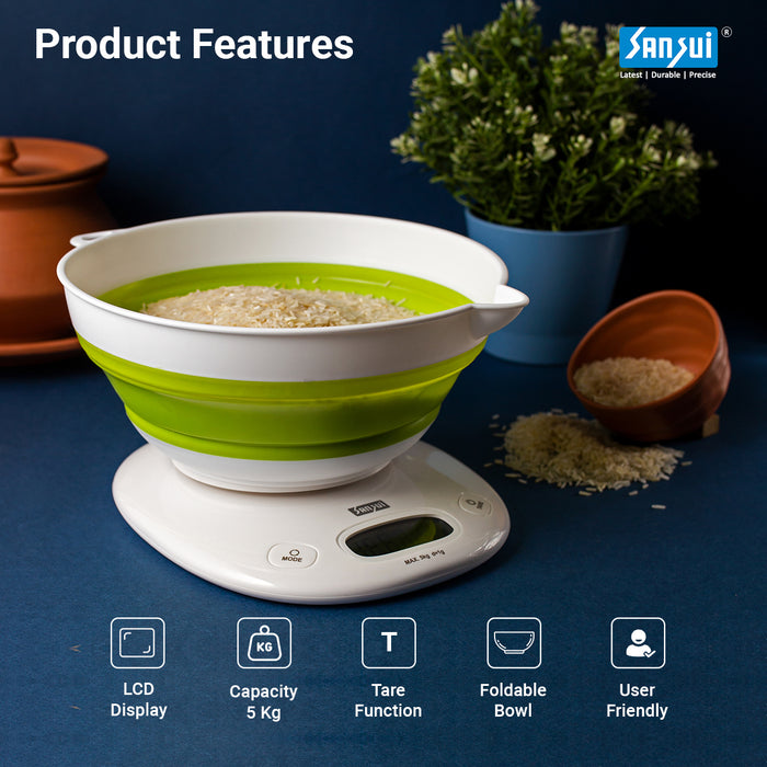 Sansui Digital Kitchen Scale with Large Foldable Bowl (5 kg, White-Green)