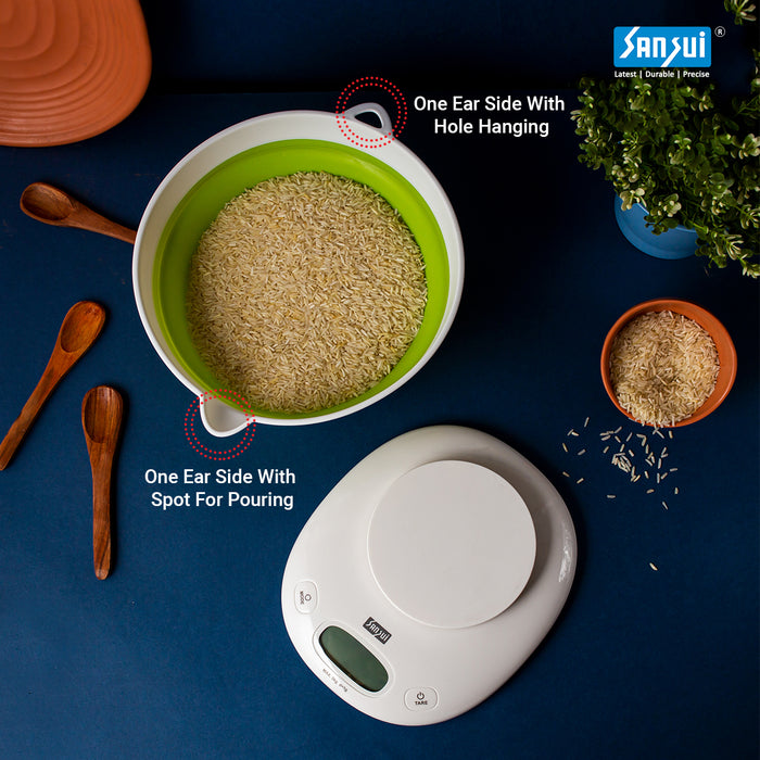 Sansui Digital Kitchen Scale with Large Foldable Bowl (5 kg, White-Green)
