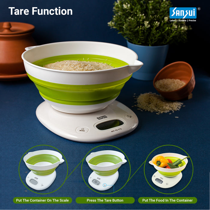 Sansui Digital Kitchen Scale with Large Foldable Bowl (5 kg, White-Green)