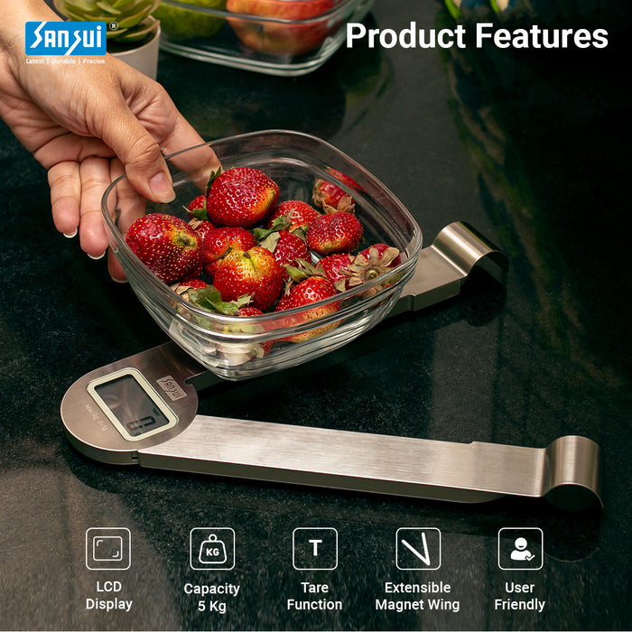 Sansui Electronics Digital Portable Kitchen Scale with Extensible Magnet Wing, Stainless Steel (5 kg, Grey)