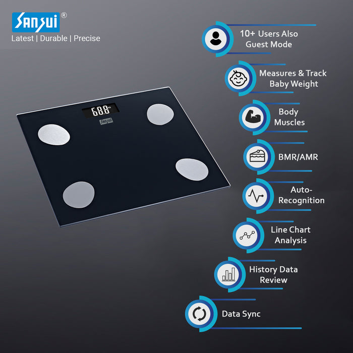 Sansui Smart Body Fat Analyser | Bluetooth Enabled with Smart App (150Kg, Black)
