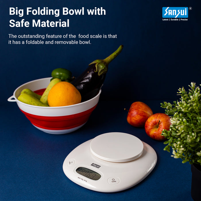 Sansui Digital Kitchen Scale with Large Foldable Bowl (5 kg, White-Red)