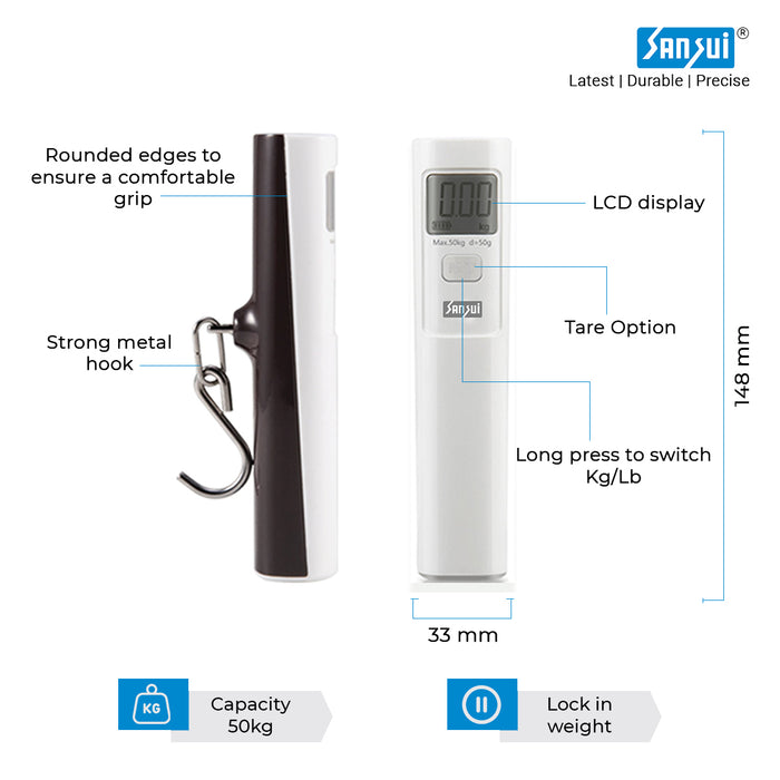 Sansui Electronics Battery-Free Portable Digital Luggage Scale with Metal Hook (50 kg, White)