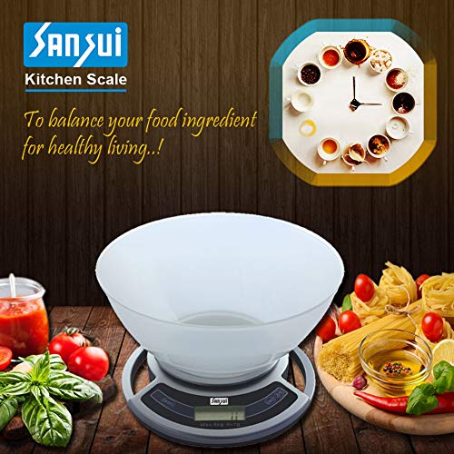 Sansui Electronic Digital Plastic Kitchen Weighing Scale Machine with Bowl (Silver)-5 kg