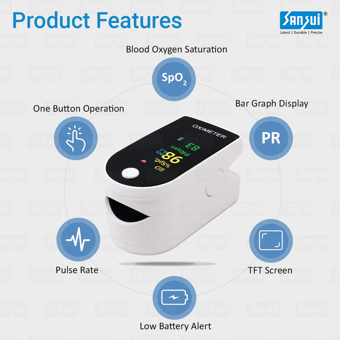 Sansui Digital Fingertip Pulse Oximeter with Visual Alarm (Made in India) (White-Black)