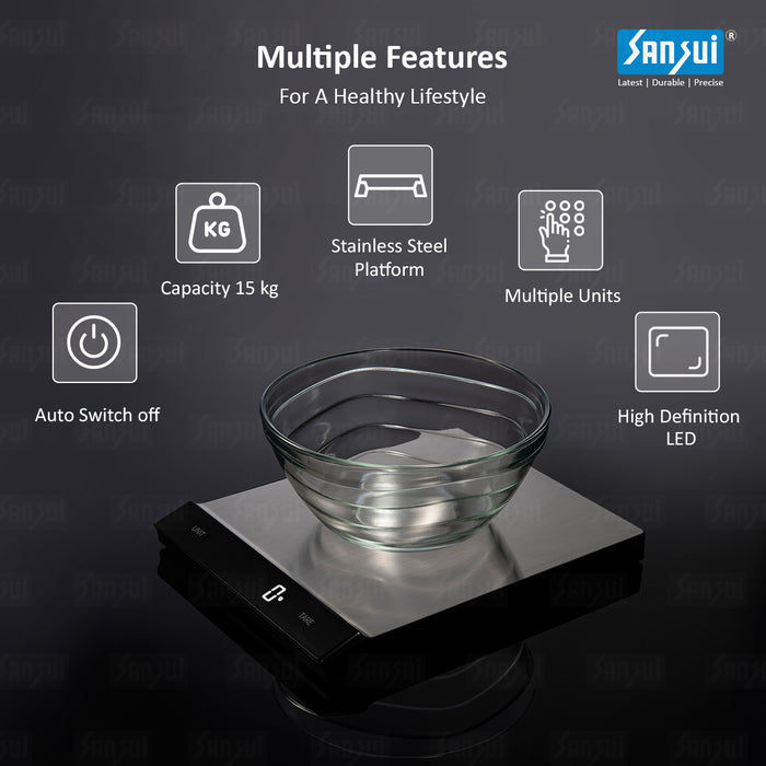 Sansui Stainless Steel Digital Kitchen Scale, 15 kg (Black - White LED Display)