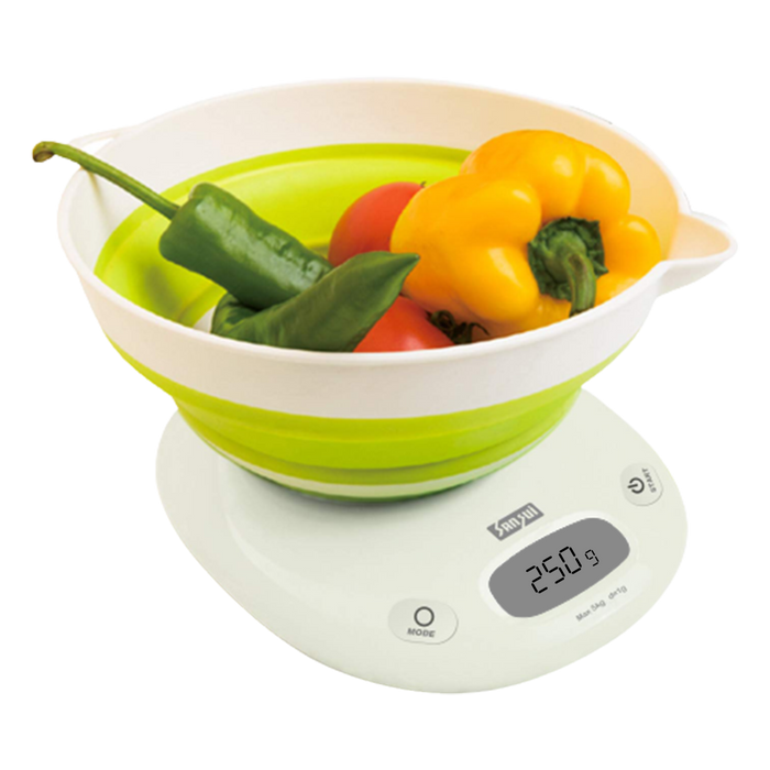 Sansui Digital Kitchen Scale with Large Foldable Bowl (5 kg, White-Green)