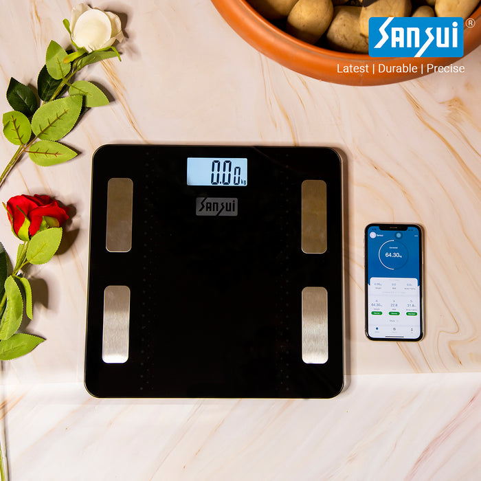 Sansui Smart Body Fat Analyser | Bluetooth Enabled with Smart App (180Kg, Black)