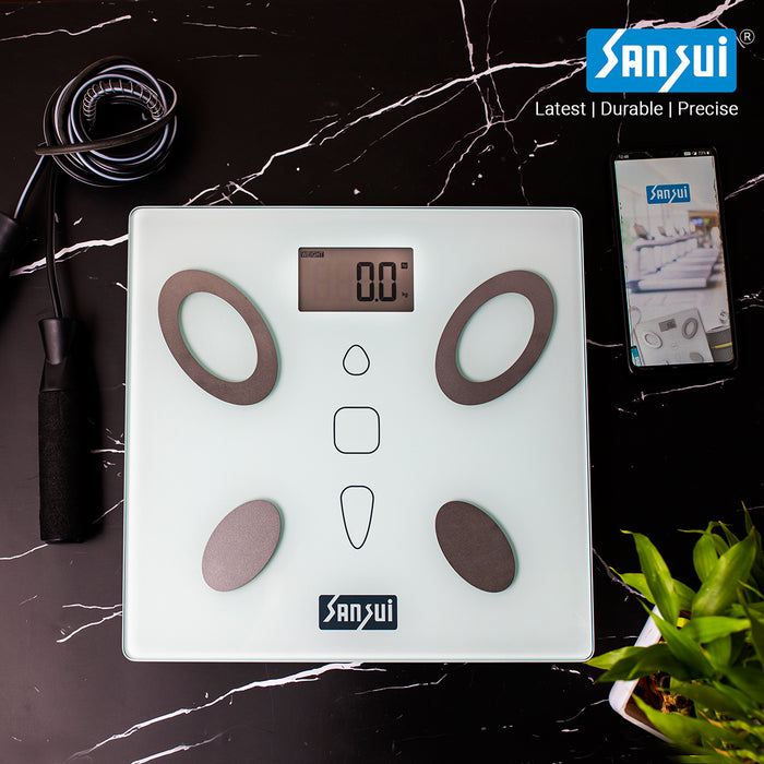 Sansui Electronics Body Fat Analyser, Human Body Weight Machine, Bathroom Weighing Scale (150 kg, White)